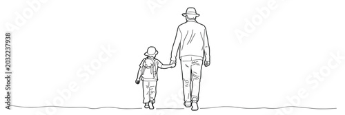 Konstfotografi Man and child holding hands walking away from viewer wearing hats and backpacks