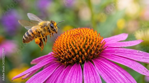 Obraz na płótnie Close up photograph of a fuzzy honey bee hovering mid air while approaching a vi