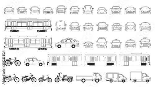 Collection of black and white line vehicle including cars trams bicycles and trucks automobile transport