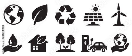 Foto Black flat icons representing renewable energy sources and environmental conserv