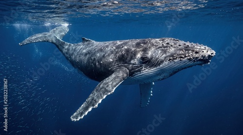 Canvas-taulu Majestic humpback whale swims gracefully through deep blue ocean waters in this stunning underwater photo capturing the gentle giant as it glides peacefully near the surface of the vast sea