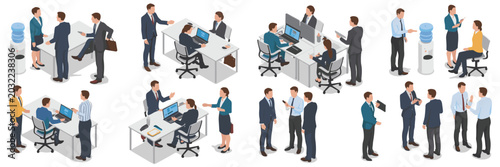 Isometric office scenes with people interacting at desks and near water cooler business interaction