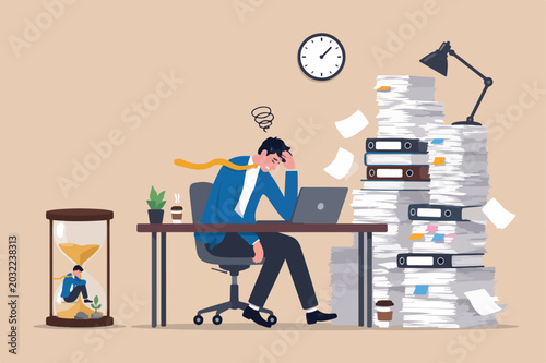 Overworked, exhaustion or burnout, unhealthy work life balance problem, too many work causing fatigue, anxiety or stress concept, frustrated businessman on small life compare to heavy work burden