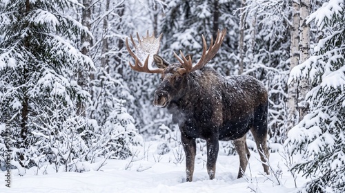 Majestic bull moose stands proudly within a serene winter forest landscape during a gentle snowfall in this high quality wildlife photograph capturing the powerful animal in its natural cold habitat