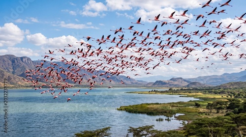 Tableau sur toile Magnificent large flock of vibrant pink flamingos flying in unison across a clea