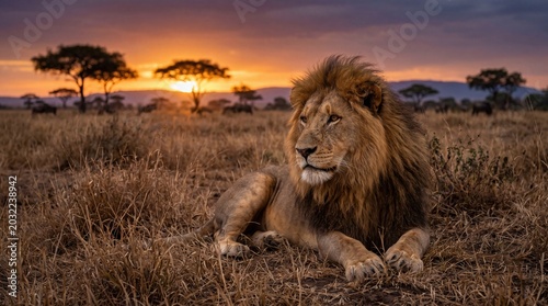 Majestic male lion resting in the golden african savanna grass during a beautiful sunset captures the raw power and natural beauty of this incredible wild predator in a stunning photo.