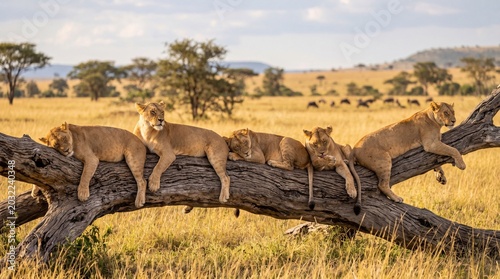 Five majestic lions resting peacefully on a large fallen tree trunk in the golden savanna landscape during a warm sunny afternoon in this beautiful high quality wildlife nature travel photo.