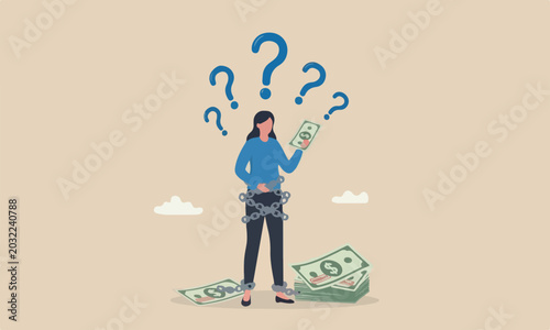 Debt or problem crisis, overspending mistake causing debt burden, recession or bankruptcy, credit default concept, young woman with overdue bill payment chained with debt burden