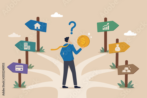 Money decision, investment choice or option to make profit, buy rent, pay off debt or invest, select best earning asset, confused businessman investor hold money coin choose dollar direction signs