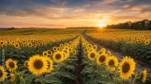 Vibrant field of blooming sunflowers stretching toward the horizon under a warm golden sunset sky in this stunning landscape photograph that captures the peaceful beauty of nature in full bloom