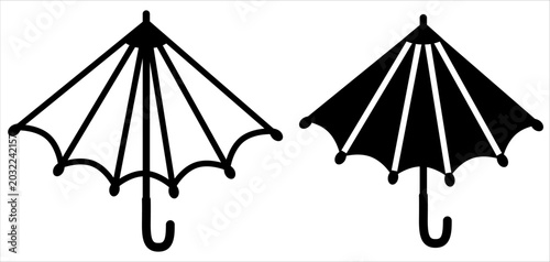 Black vector illustration featuring two umbrella designs in outline and solid silhouette styles. Clean minimalist icons ideal for weather graphics, logos, and stencils.