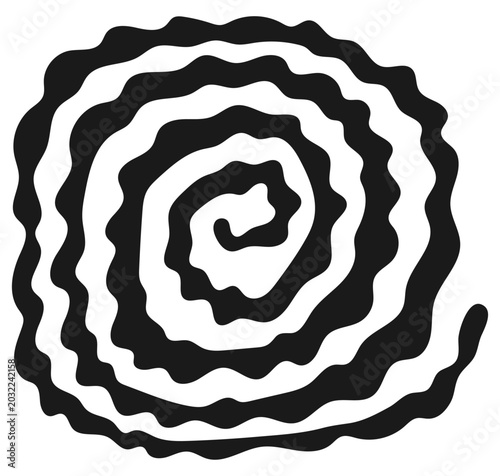Black and white vector illustration of an organic swirling wavy line spiral. Hypnotic hand-drawn doodle design ideal for modern logos, minimalist branding, and creative graphics.