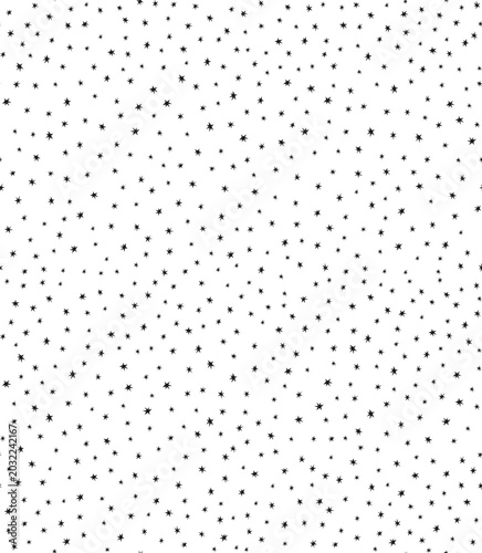 Minimalist monochrome seamless pattern featuring scattered hand-drawn stars on a white background. Whimsical vector design ideal for nursery decor, wrapping paper, and holiday textiles.