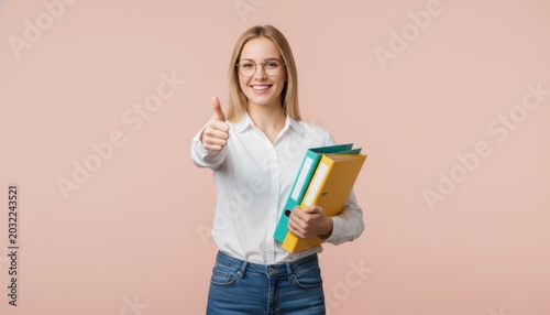 Confident woman holding folders and showing thumbs up