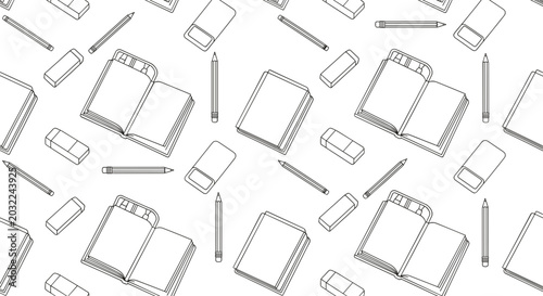 Seamless pattern of open books pencils and erasers on white background education concept