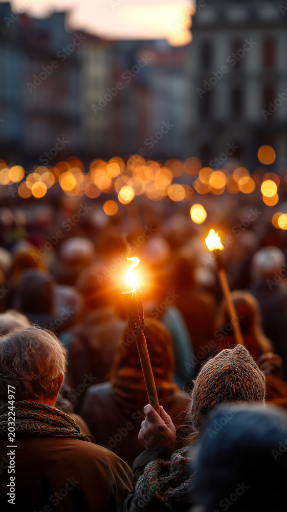 Fototapeta premium Crowd of people holding candles at night
