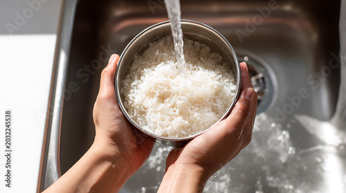 Close-up of hands prepare food, wash rice in metal bowl under running water with clean fresh water in a kitchen sink for cooking meal
