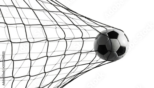 Black and white football captured mid-impact inside the goal net, net strands stretching dramatically, isolated white background, energetic motion freeze effect, realistic stadium-quality soccer ball 