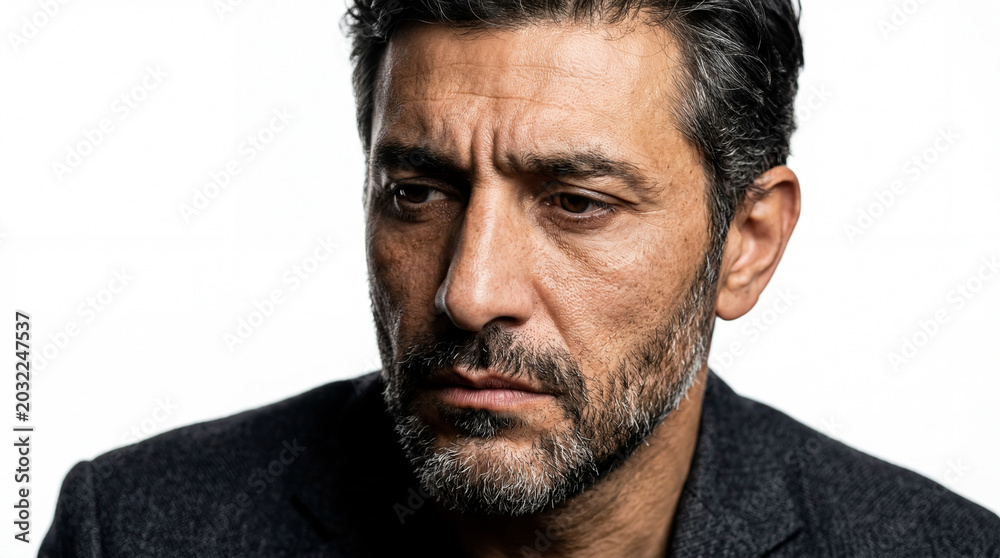 Obraz premium Close-up Portrait of a Pensive Mature Man with Salt and Pepper Beard and Graying Hair, Wearing a Textured Dark Blazer Isolated on White Background