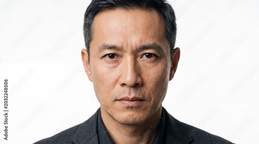 Fototapeta premium Intense Close-up Portrait of a Serious Middle-Aged Asian Businessman in a Dark Suit Against a Plain White Studio Background