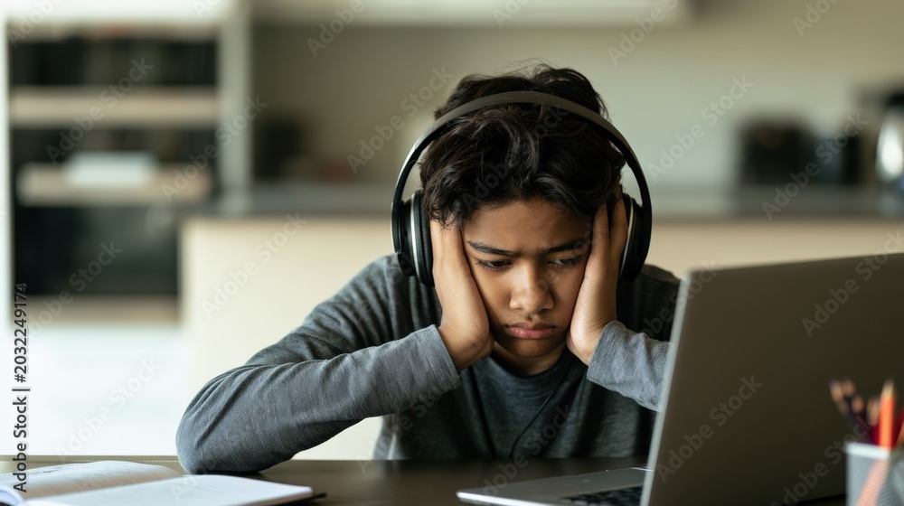 Fototapeta premium teenager exhausted at laptop wearing headphones in modern kitchen — home study burnout concept, candid lifestyle portrait with copy space