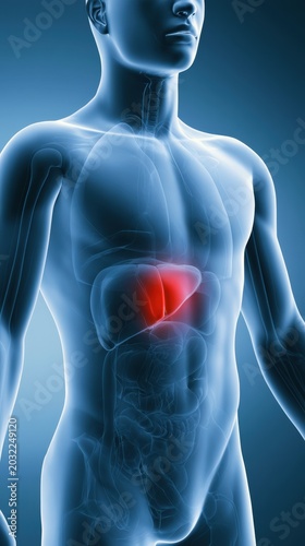 3D medical illustration of male torso with highlighted inflamed liver for hepatitis education, diagnosis, and healthcare presentations