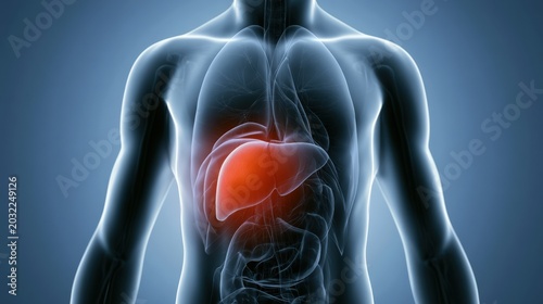 translucent human torso medical illustration showing inflamed liver highlighted red, 3d anatomy visual for liver disease, hepatitis and diagnosis