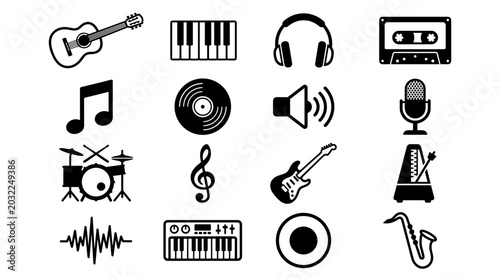 Collection of music icons and symbols for audio and sound related concepts