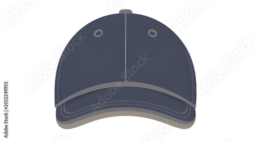 An illustration of a navy blue baseball cap with grey stitching and button on top