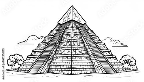 Detailed architectural line art of historic stepped pyramid.