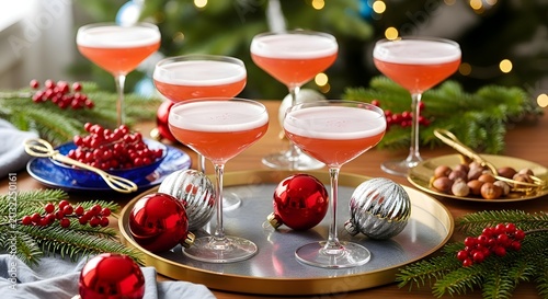 Festive holiday celebration with vibrant pink cocktails, shimmering ornaments, and seasonal berries arranged on a golden tray, evoking a joyful and luxurious atmosphere.