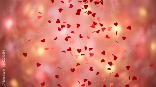 Konstfotografi Small red heart-shaped confetti falling against blurry pink and peach bokeh lights background romantic abstract concept for love and valentines day