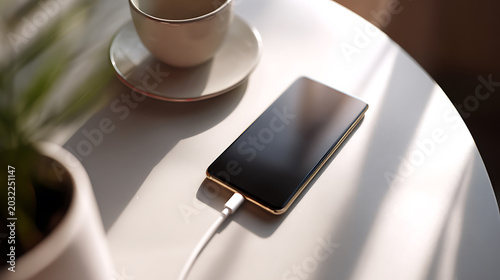 Modern smartphone charge on white table next to a cup of coffee and plant, bathed in natural sunlight creating long shadows, peaceful morning scene