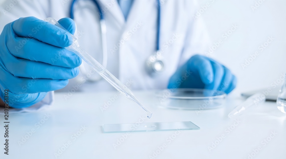 Fototapeta premium Lab technician handling a microscope slide with a pipette