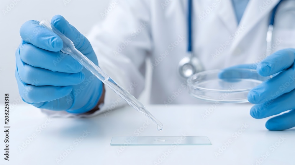 Fototapeta premium Scientist adding liquid sample to microscope slide in laboratory