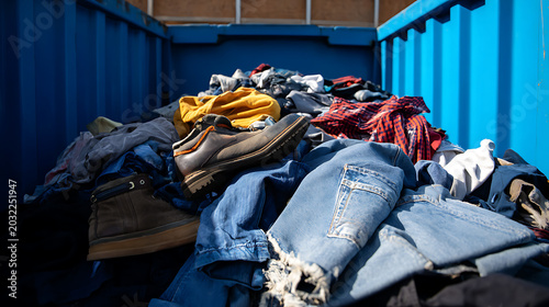 Close-up of assorted used clothing and shoes overflowing in a large blue collection container, ready for donation or recycling, under clear skies