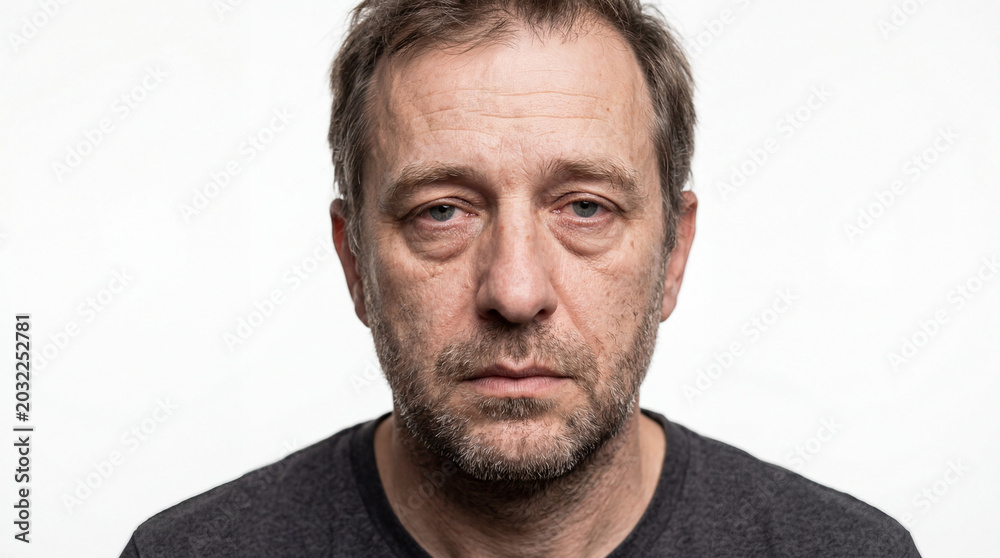 Fototapeta premium Close-up Studio Portrait of an Exhausted Middle-Aged Man with Weary Eyes and Facial Stubble Isolated on a White Background