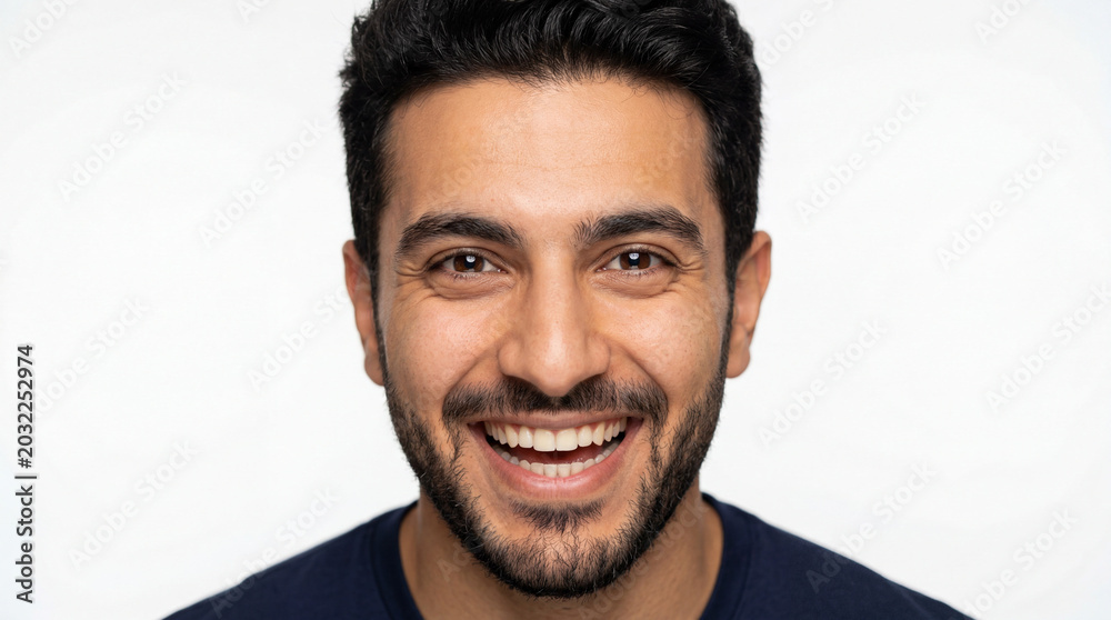 Obraz premium Close-up Portrait of a Joyful Young Middle Eastern Man with a Genuine Smile and Groomed Beard, Studio Headshot Isolated on Plain White Background