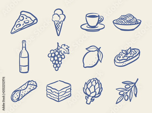 Bild auf Leinwand Italian food doodle vector illustration with pizza gelato pasta coffee grapes le