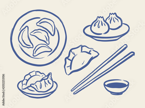 Fotografie Dumpling Asian food doodle vector illustration with chopsticks soy sauce bao bun
