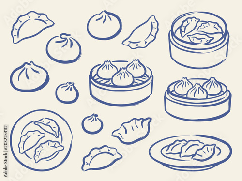 Dim sum dumplings doodle vector illustration with bao buns gyoza steamer basket and hand drawn Asian food icons