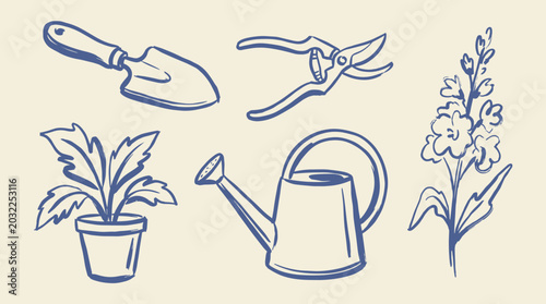 Gardening tools doodle vector illustration with hand drawn trowel pruner watering can potted plant and flower icons