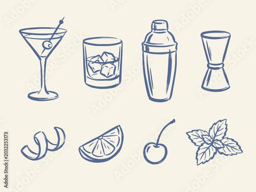 Fotografi Cocktail drink doodle vector illustration with martini glass shaker jigger citru