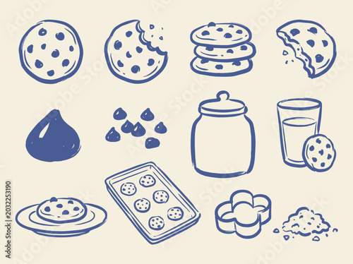 Chocolate chip cookie doodle vector illustration with bitten cookies baking tray milk jar and hand drawn dessert icons