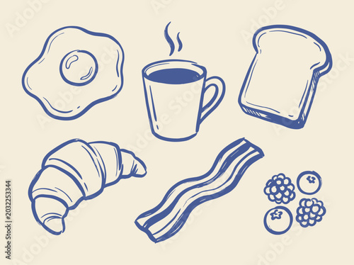 Breakfast food doodle vector illustration with fried egg coffee toast croissant bacon and hand drawn berries