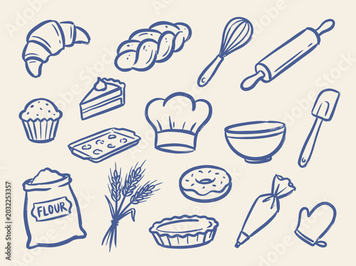 Bakery baking doodle vector illustration with croissant rolling pin chef hat flour bag and hand drawn pastry icons