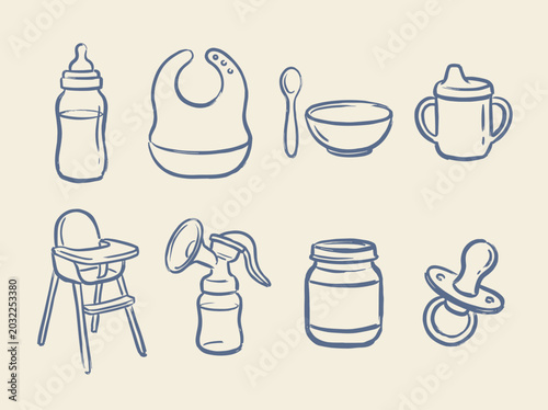 Foto Baby feeding essentials doodle vector illustration with bottle bib pacifier high