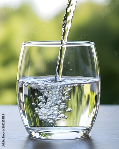 Clear glass filled with fresh, sparkling water being poured, creating a dynamic splash and visible bubbles against a blurred green foliage background.