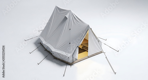 Aerial view of a camping tent set up with guide ropes on a white background in a studio setting ai generated