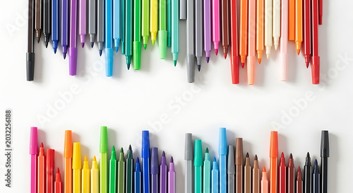 Arrangement of colorful markers in two rows on a white background creating a vibrant composition ai generated